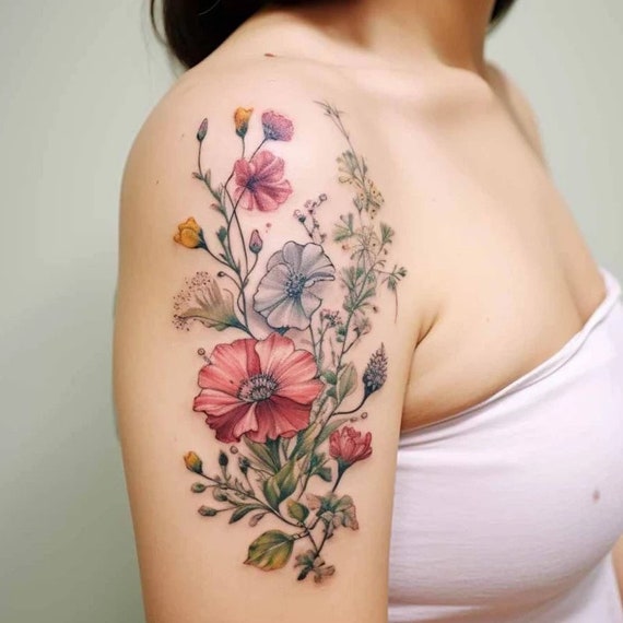 Custom Birth Flower Bouquet Tattoo Color Birth Month Tattoo Family ...