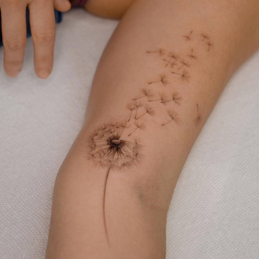 Realistic dandelion tattoo on the inner arm