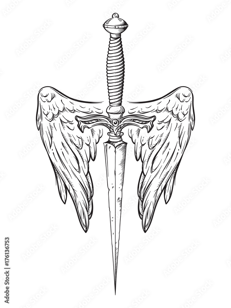 Ritual dagger with angel wings isolated on white background hand ...
