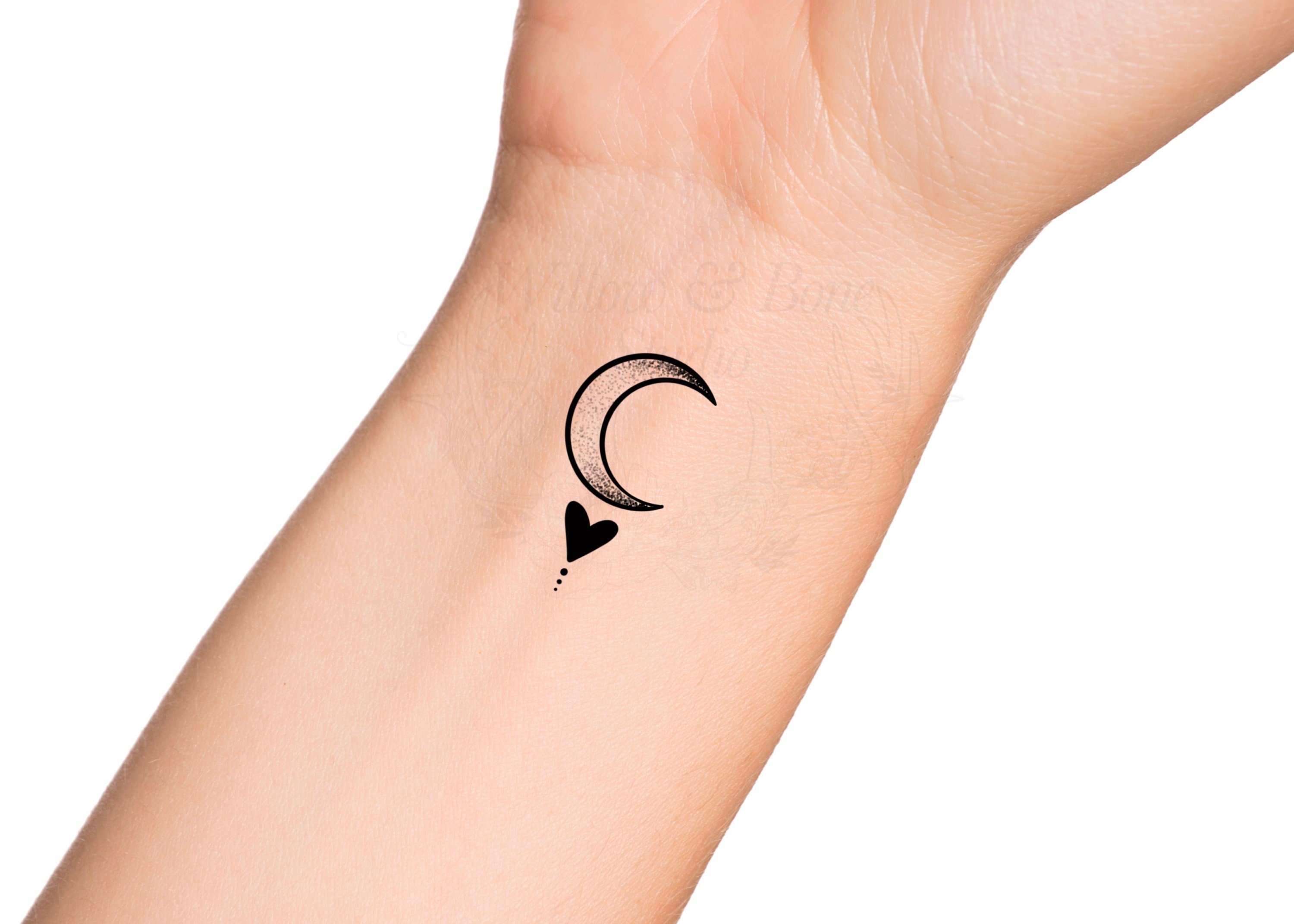 Crescent Moon Dotwork Heart Feminine Wrist Temporary Tattoo - Etsy ...