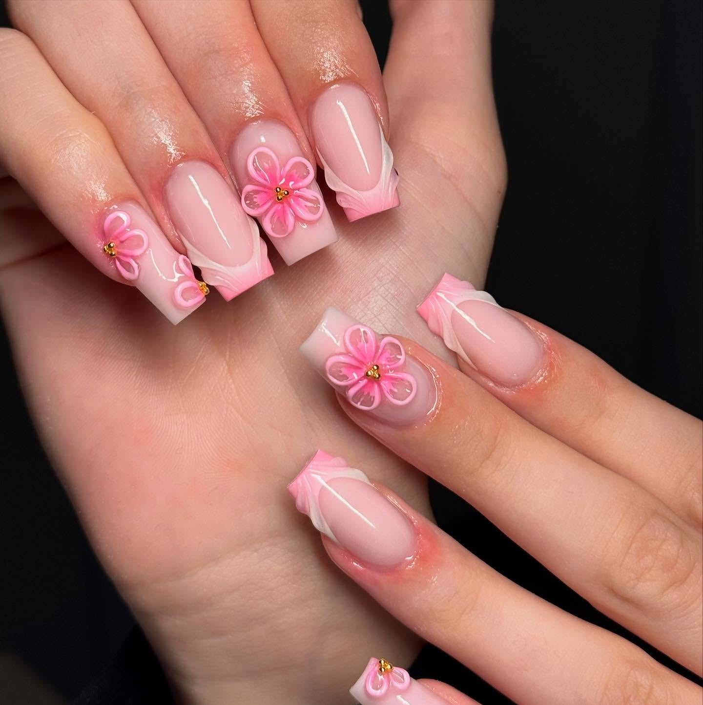 19. Pink Blossom 3D Square (Pretty Nail Ideas)
