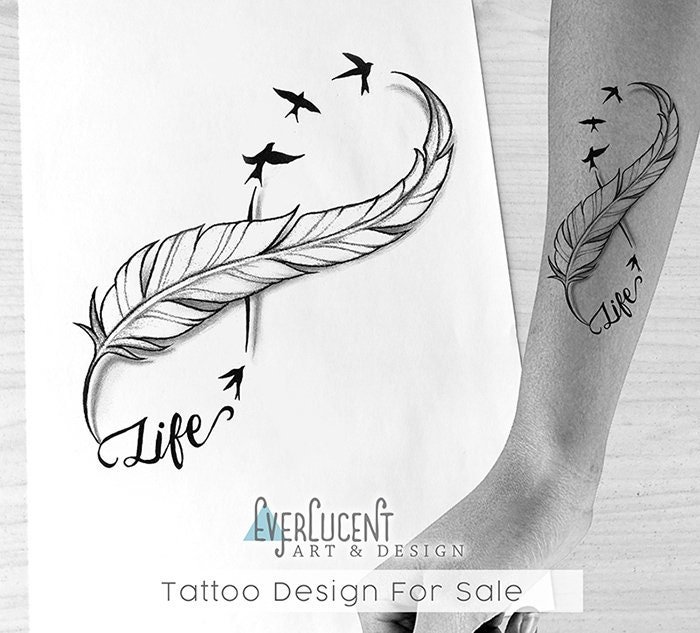 Life Infinity Feather Tattoo Design + Linework