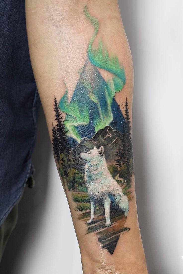 Wolf, Landscape & Aurora Borealis Tattoo by Deborah Genchi