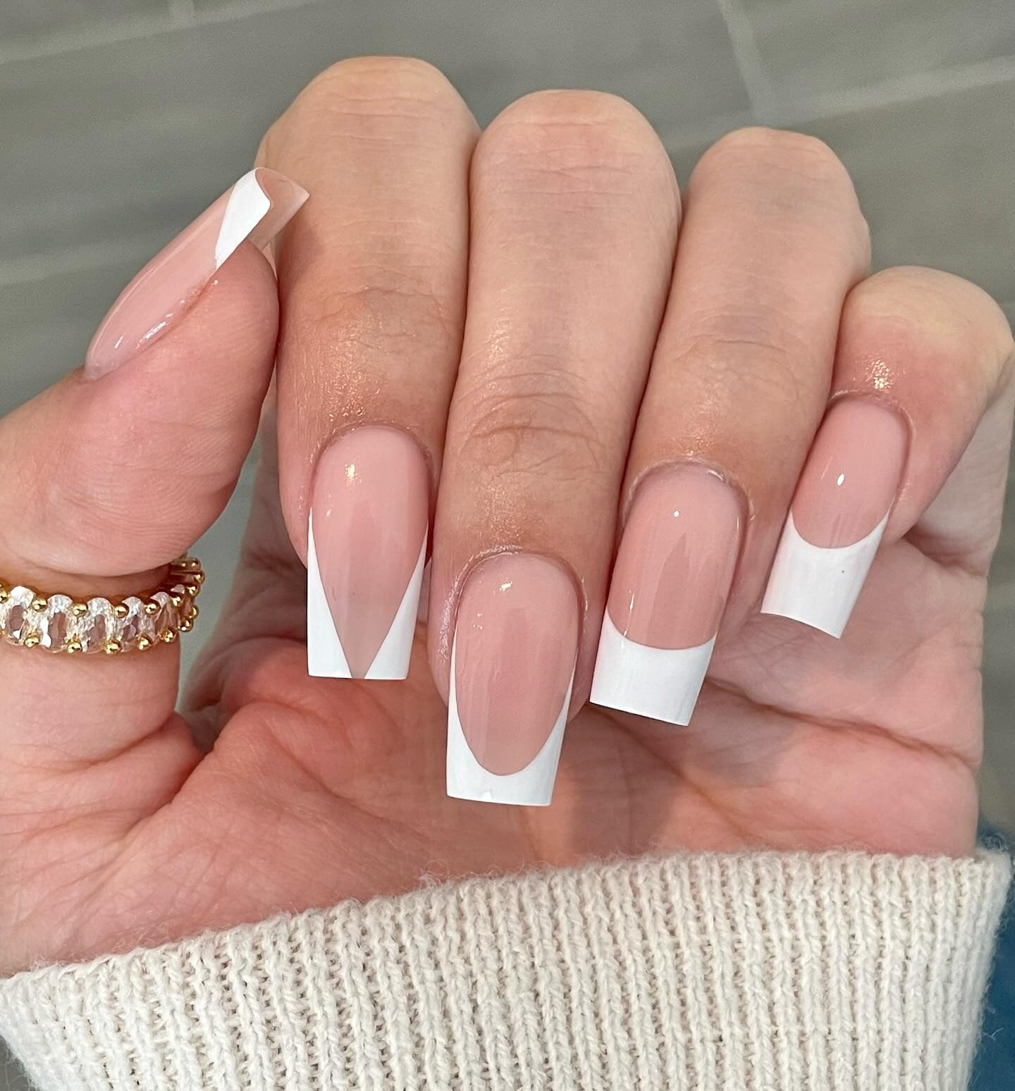 15. Mixed Smile Line French Tips on Coffin Nails (French Tip Nail Ideas)