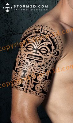 Upper arm tattoo with tribal tiki face mask in black ink