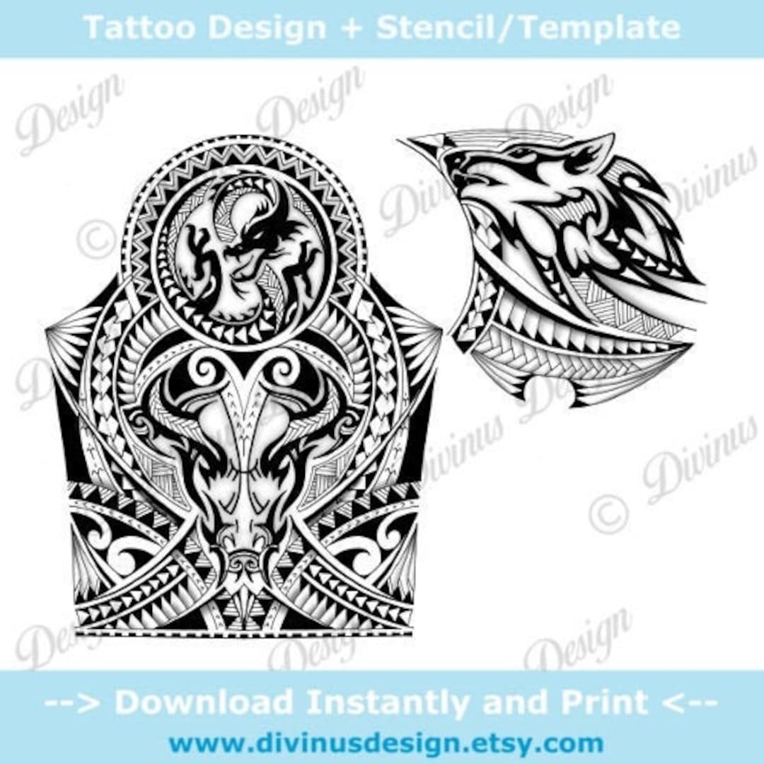 Instant Download Half Sleeve Polynesian/maori Tattoo and Chest Tattoo Dragon Bull Dog Tattoo Tattoo Design and Stencil/template - Etsy