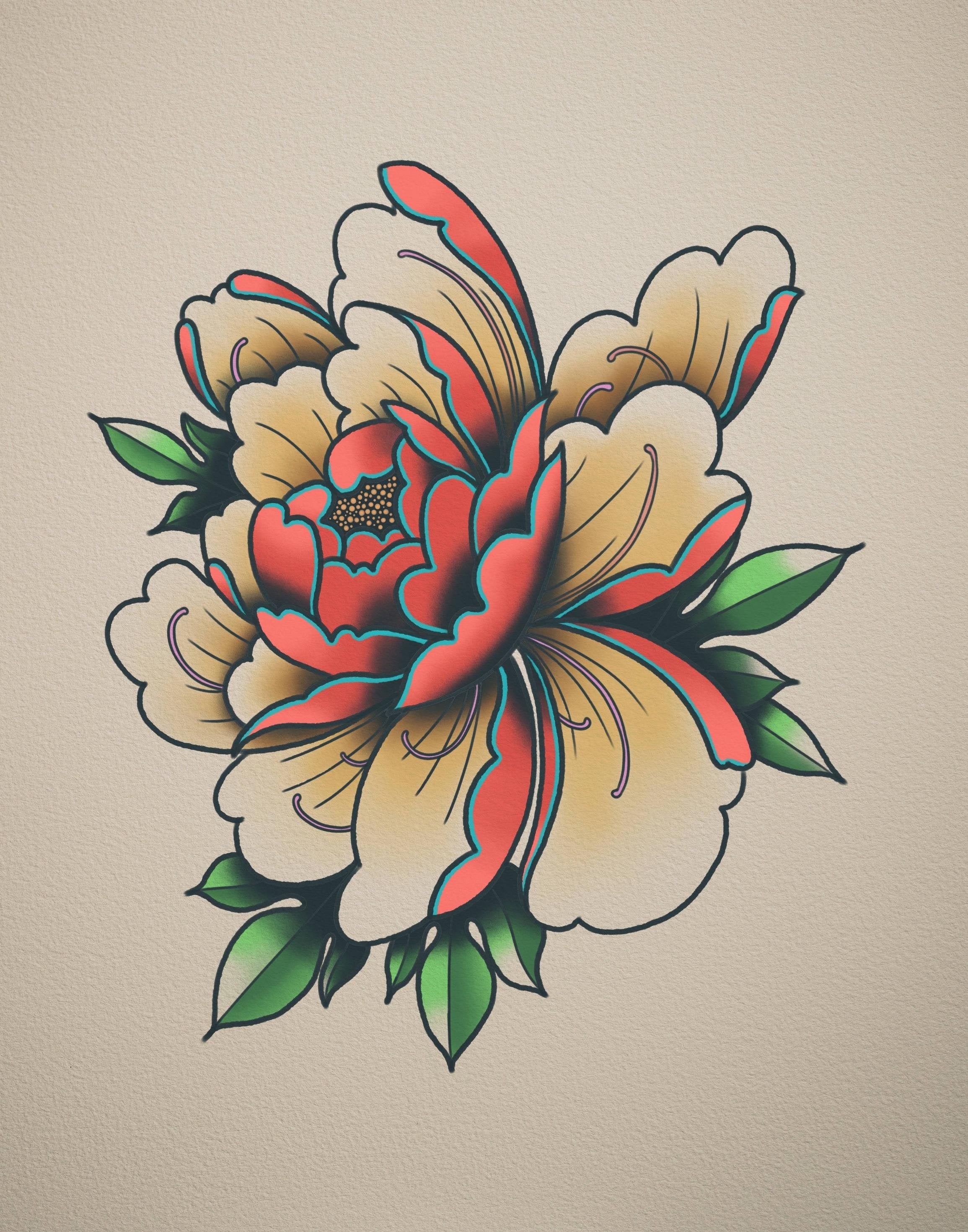 A Japanese tattoo style peony, super excited about how it turned ...