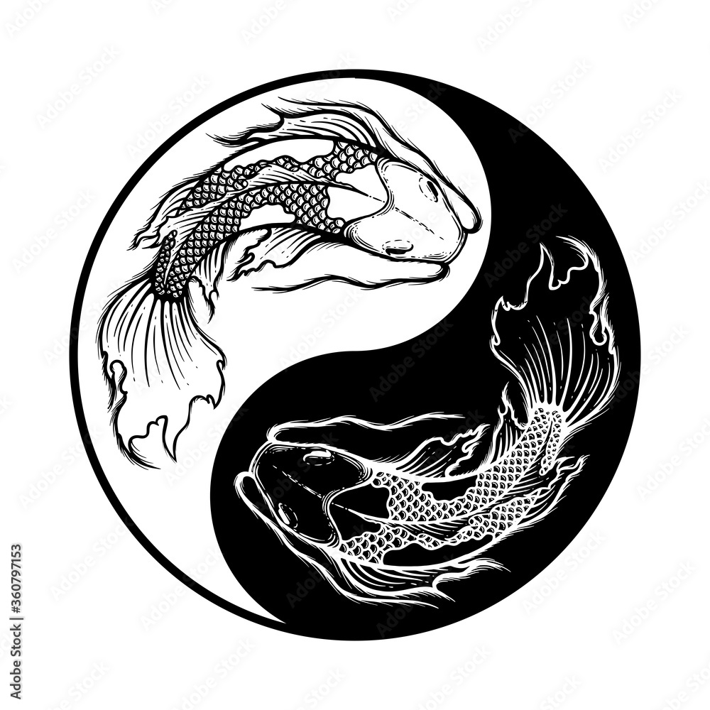 Ying yang symbol of harmony and balance. Hand drawn outline Koi ...