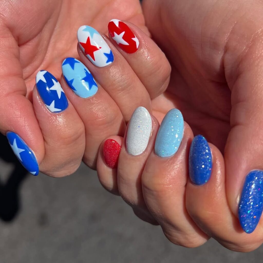 Stars and Glitter Memorial Day Nails