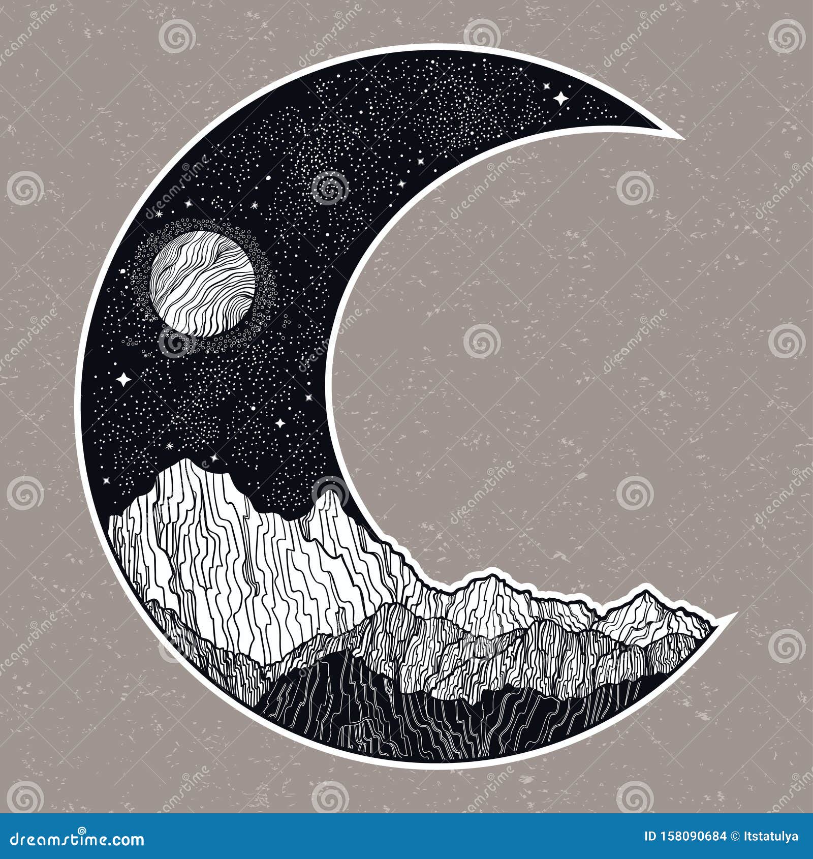 Night Sky and Mountains Landscape in the Form of a Crescent Moon ...