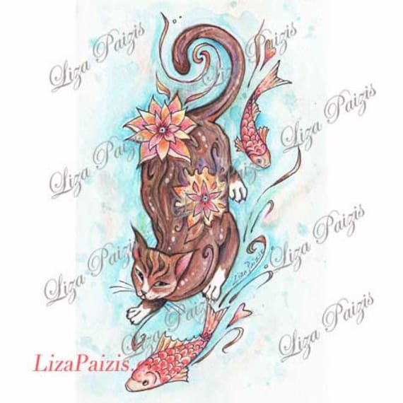 Cat with koi fish tattoo design Japanese style watercolor cat tattoo art