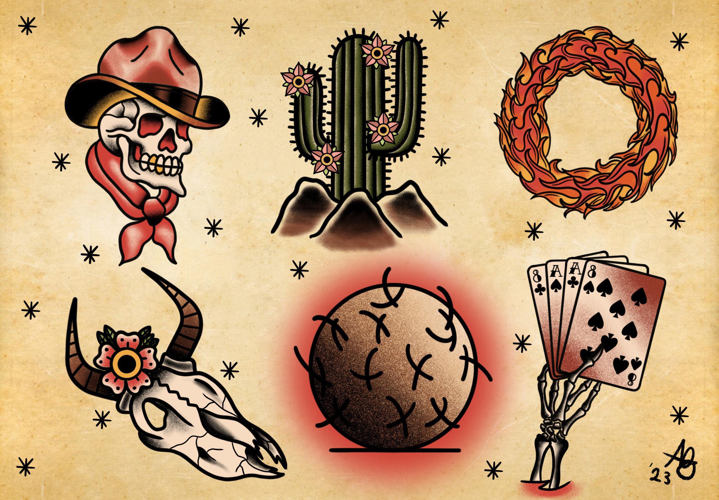 Western themed trad flash I drew up. Currently working on a hand ...