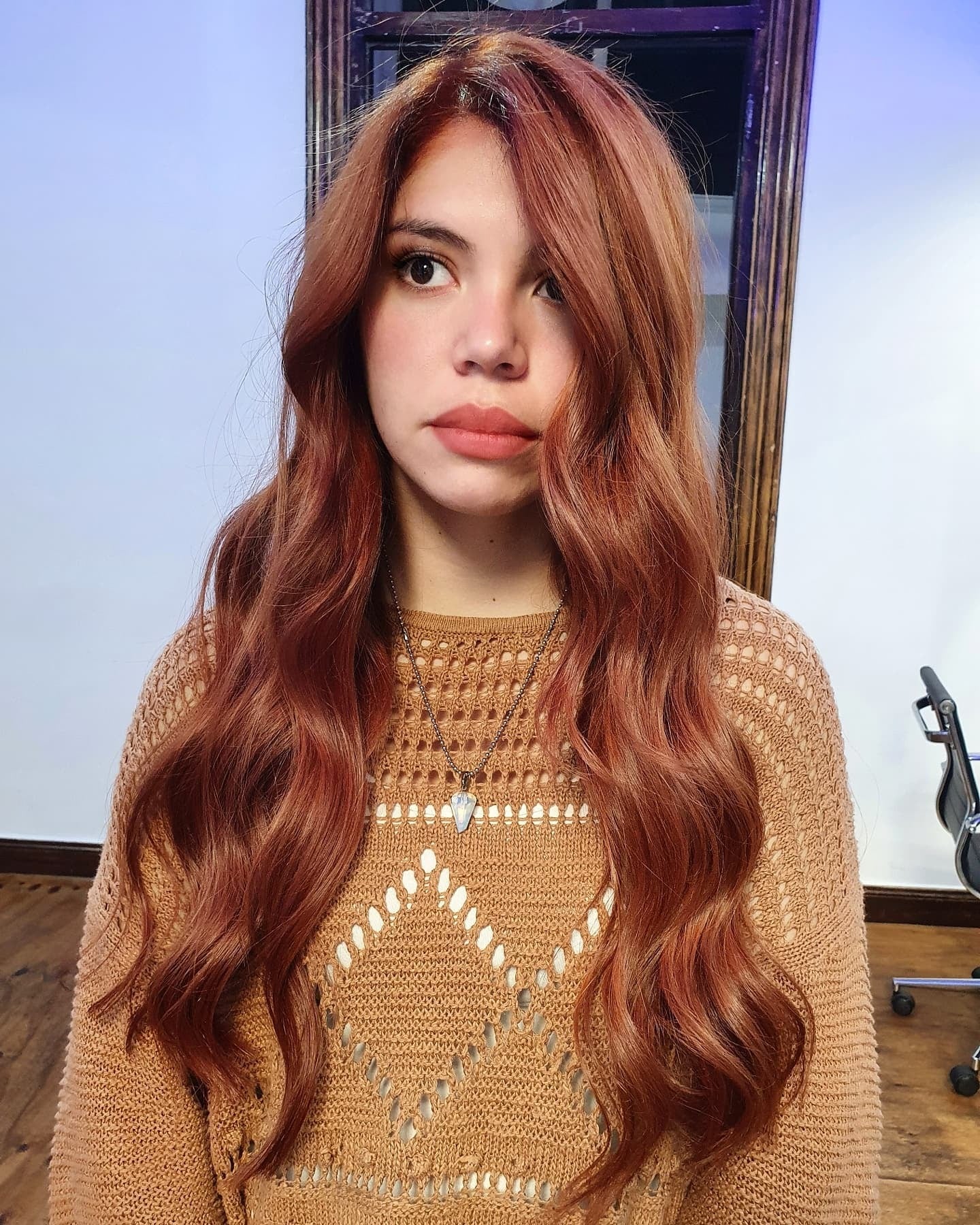 6. Long Cascading Waves in Subtle Red Copper (Red Copper Hair Color)