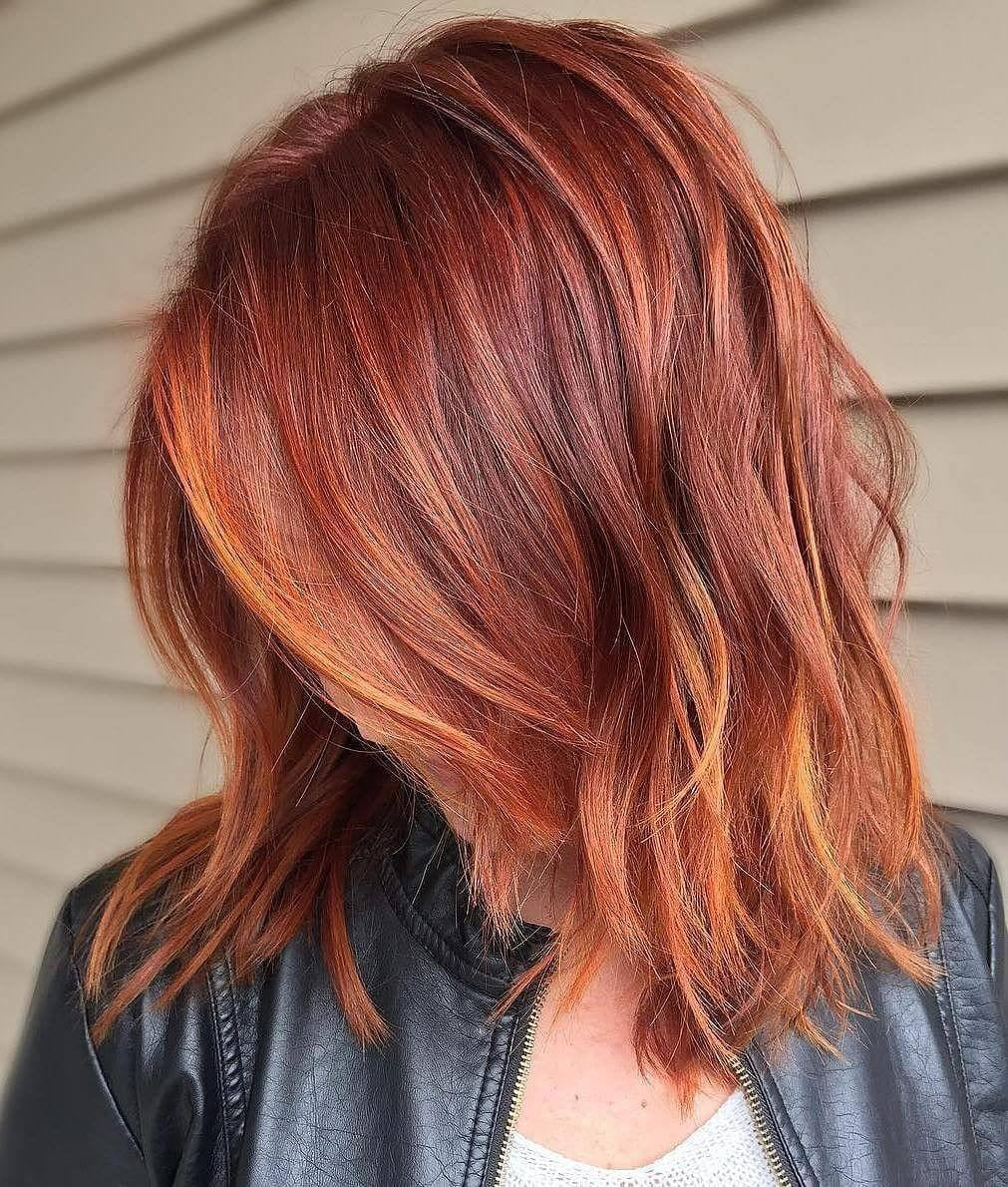 18. Textured Lob in Bright Copper Highlights (Red Copper Hair Color)