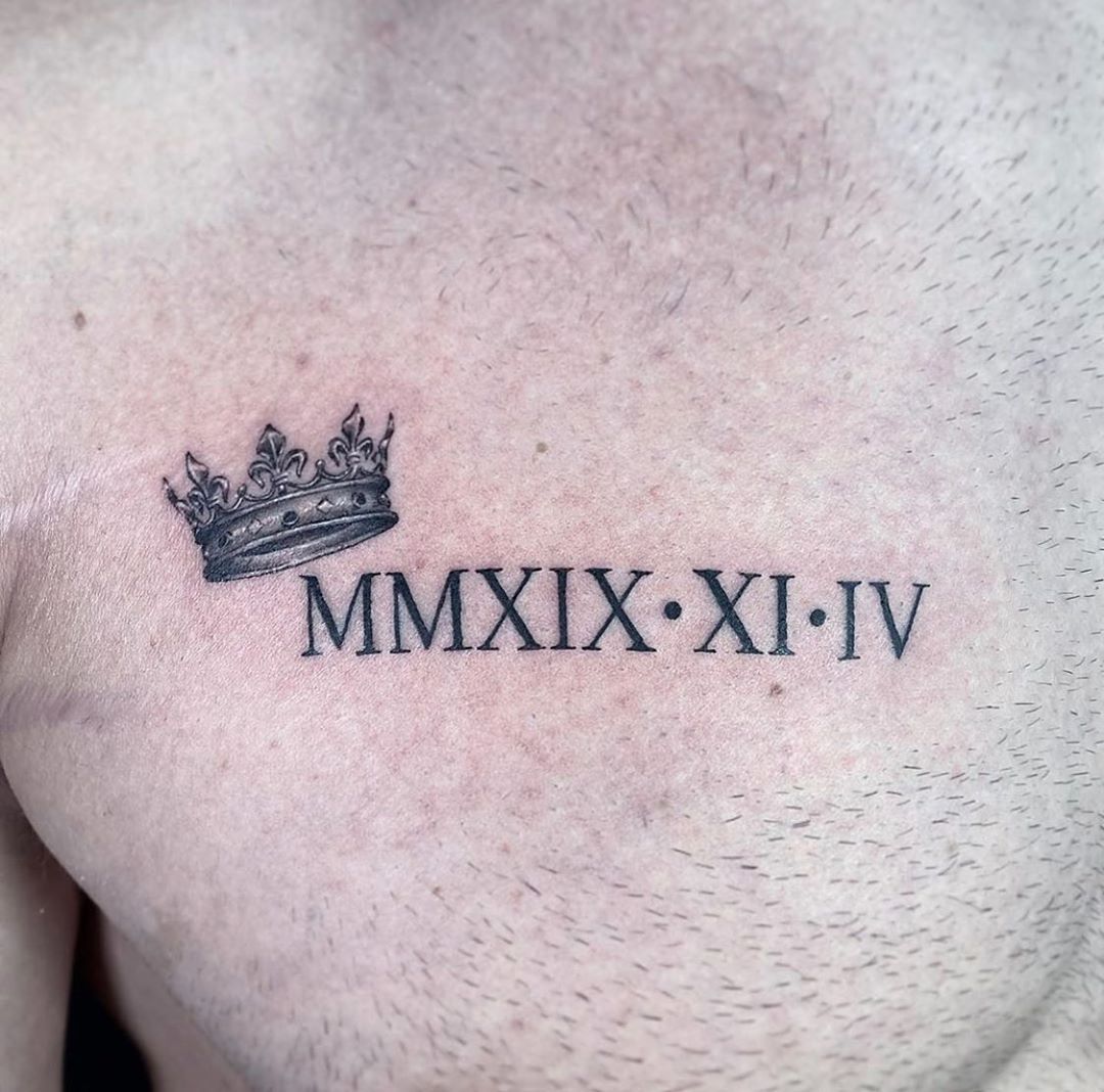 Micro Realistic Crown and Roman Numerals Hon Tattoo