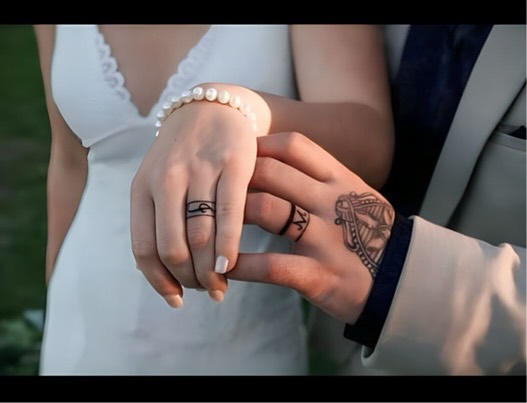 Intricate wedding ring tattoo designs on hands
