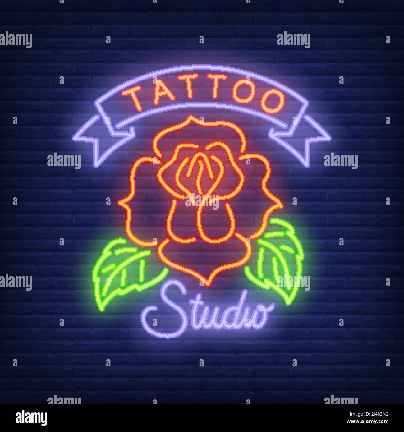 Tattoo studio neon sign with rose. Night bright advertisement ...