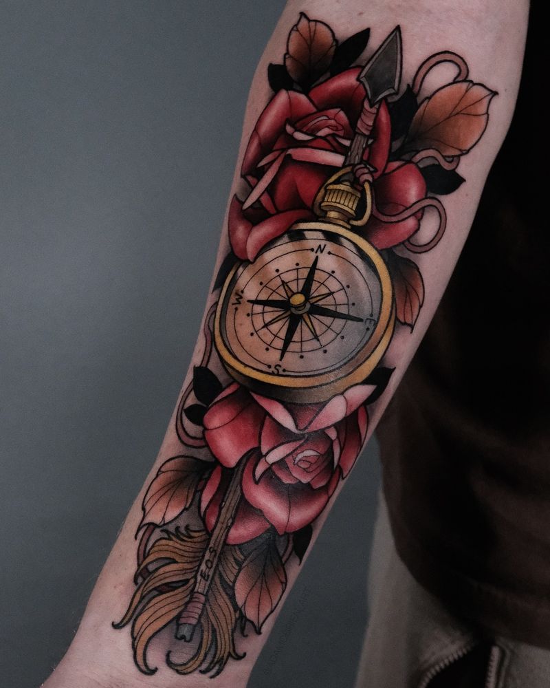 Rose And Compass Tattoo