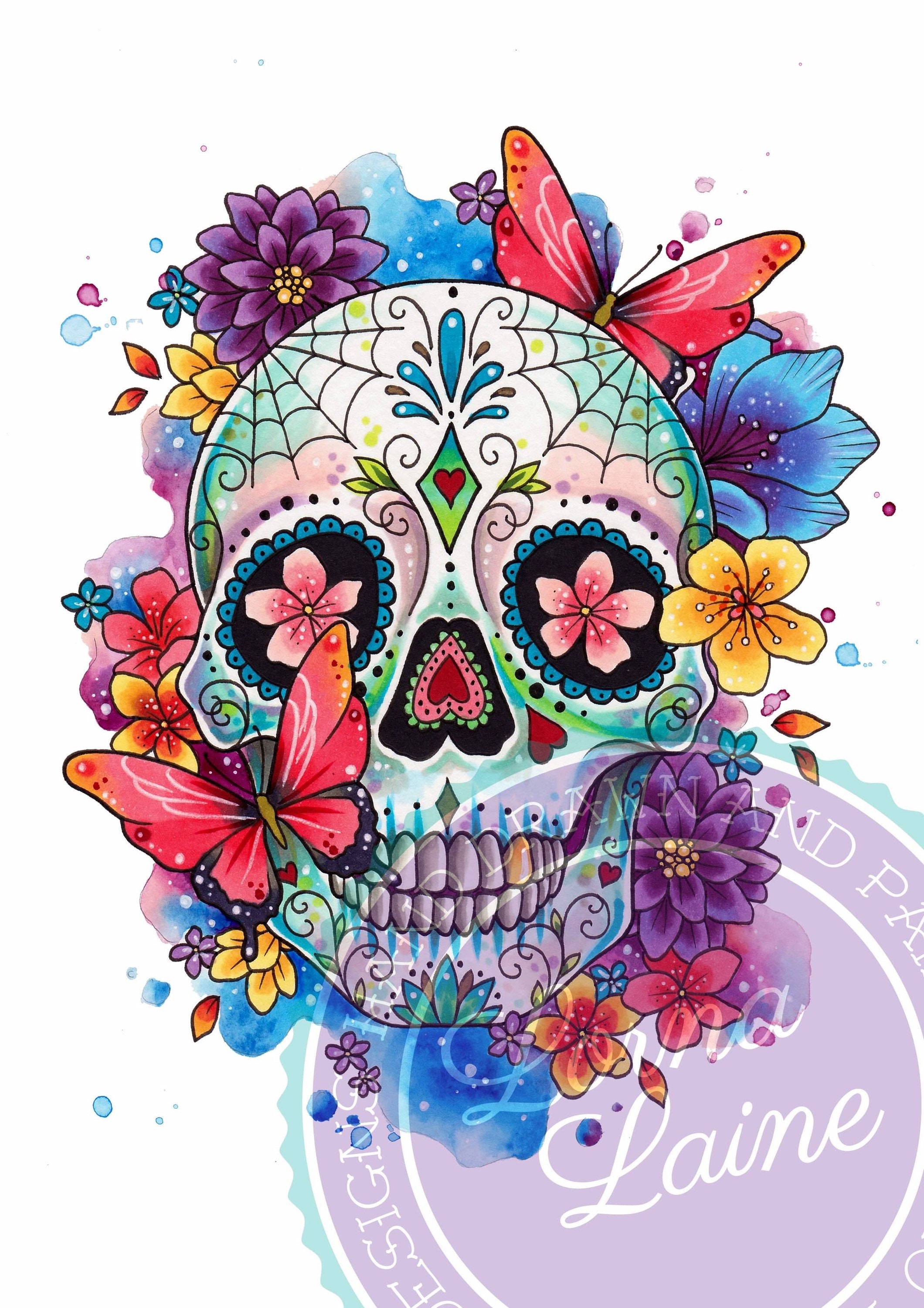 Sugar Skull Print, Tattoo Design, Day of the Dead Art, Tattoo ...