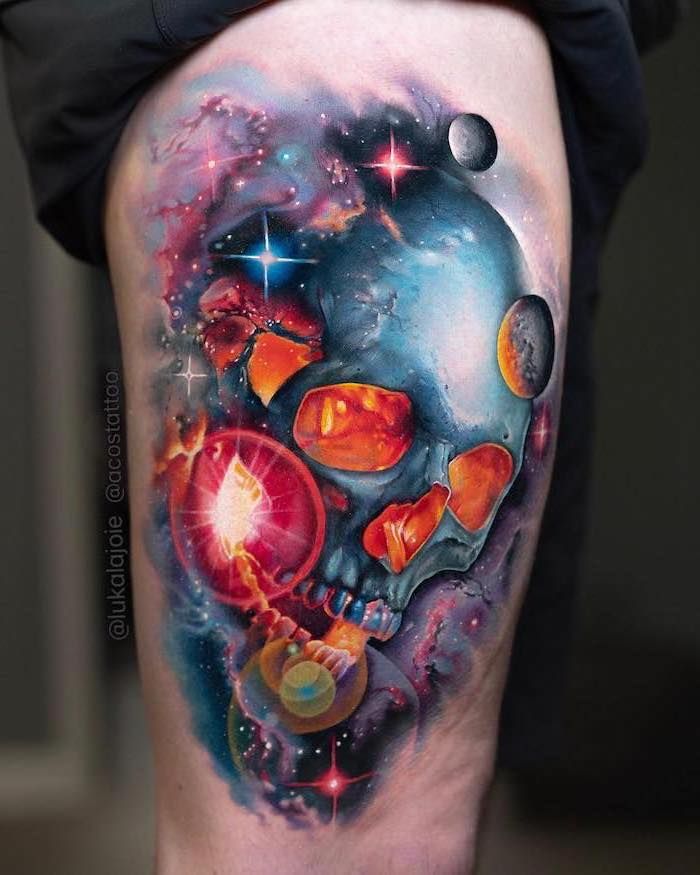Galaxy tattoo skull in space with glowing orange eyes stars and ...