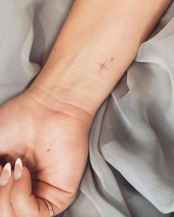Minimalistic stars tattooed on the wrist, fine line