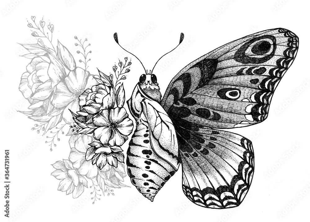 Butterfly tattoo design with flowers. Turning chrysalis into ...