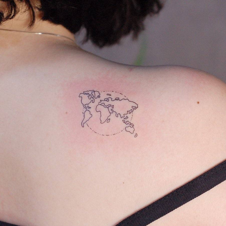 World map tattoo on the right shoulder blade.
