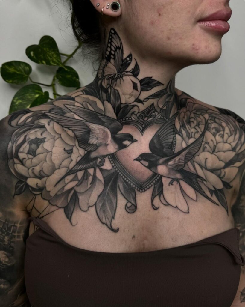 Botanical Chest And Neck Tattoo