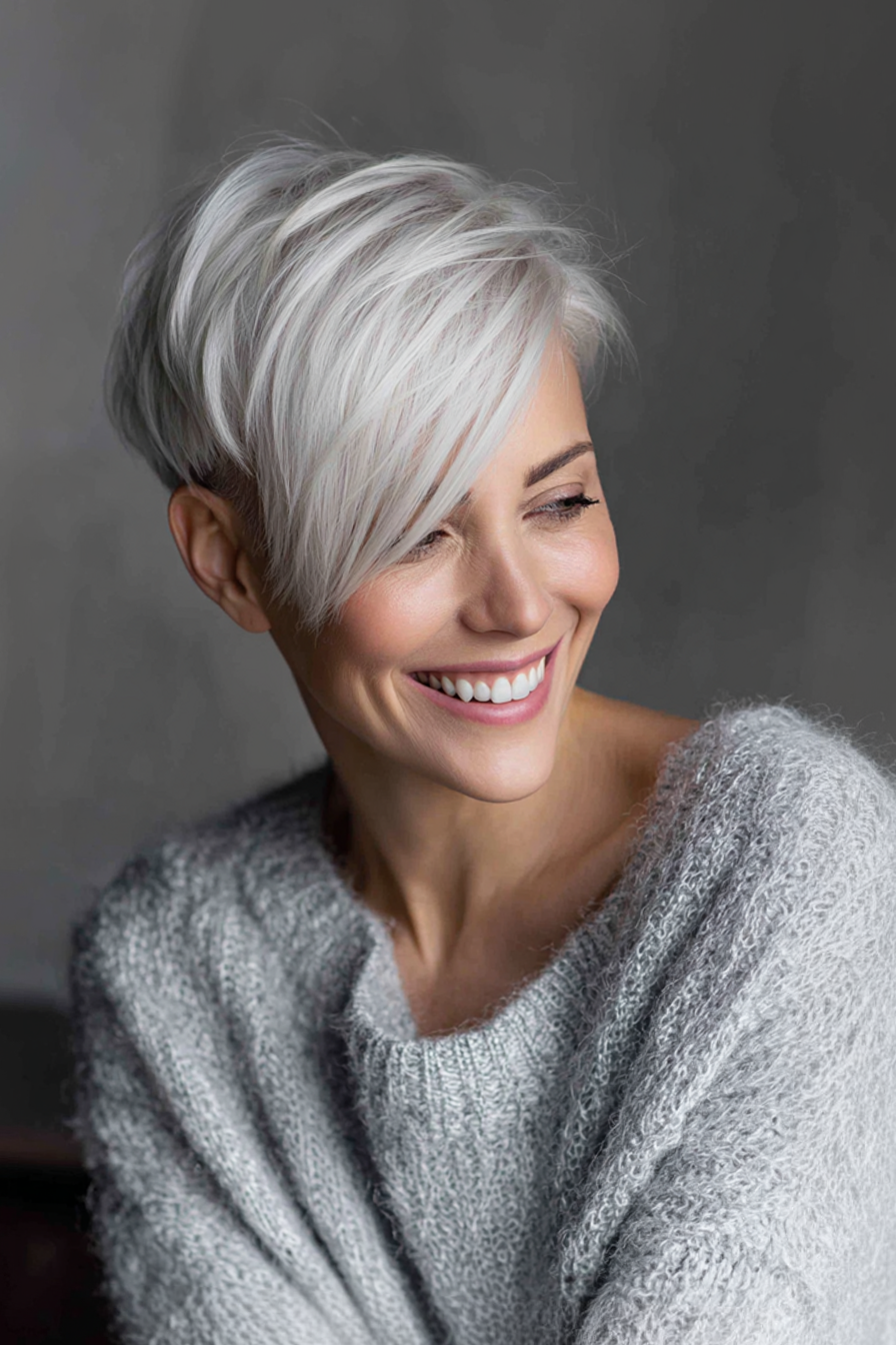 4. Icy Platinum Side-Swept Pixie (Short Pixie Hairstyles For Older Women) - Short Pixie Hairstyles For Older Women