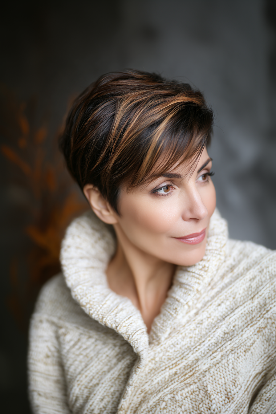 8. Brunette Pixie with Caramel Streaks (Short Pixie Hairstyles For Older Women) - Short Pixie Hairstyles For Older Women