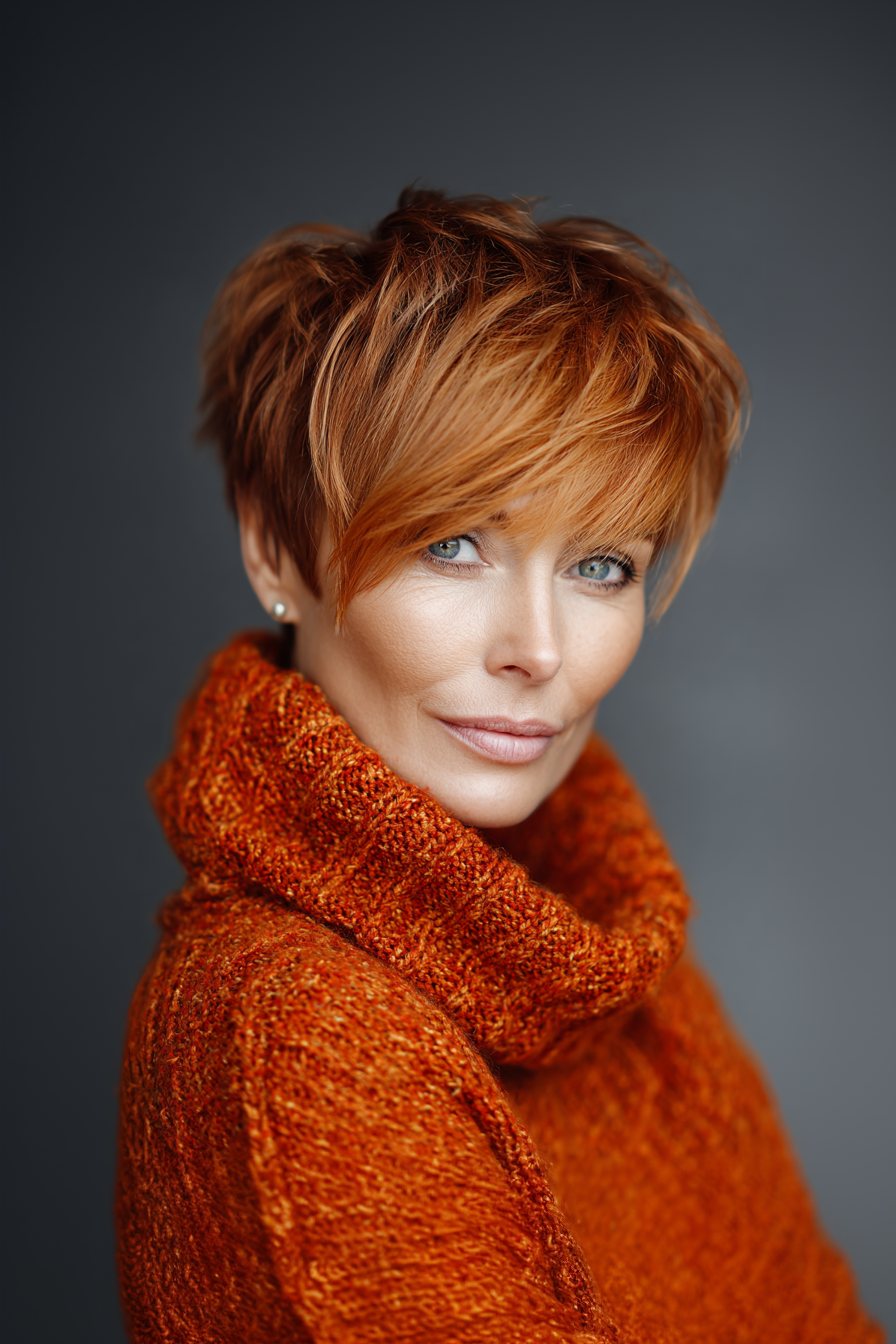 10. Copper Pixie with Long Fringe (Short Pixie Hairstyles For Older Women) - Short Pixie Hairstyles For Older Women