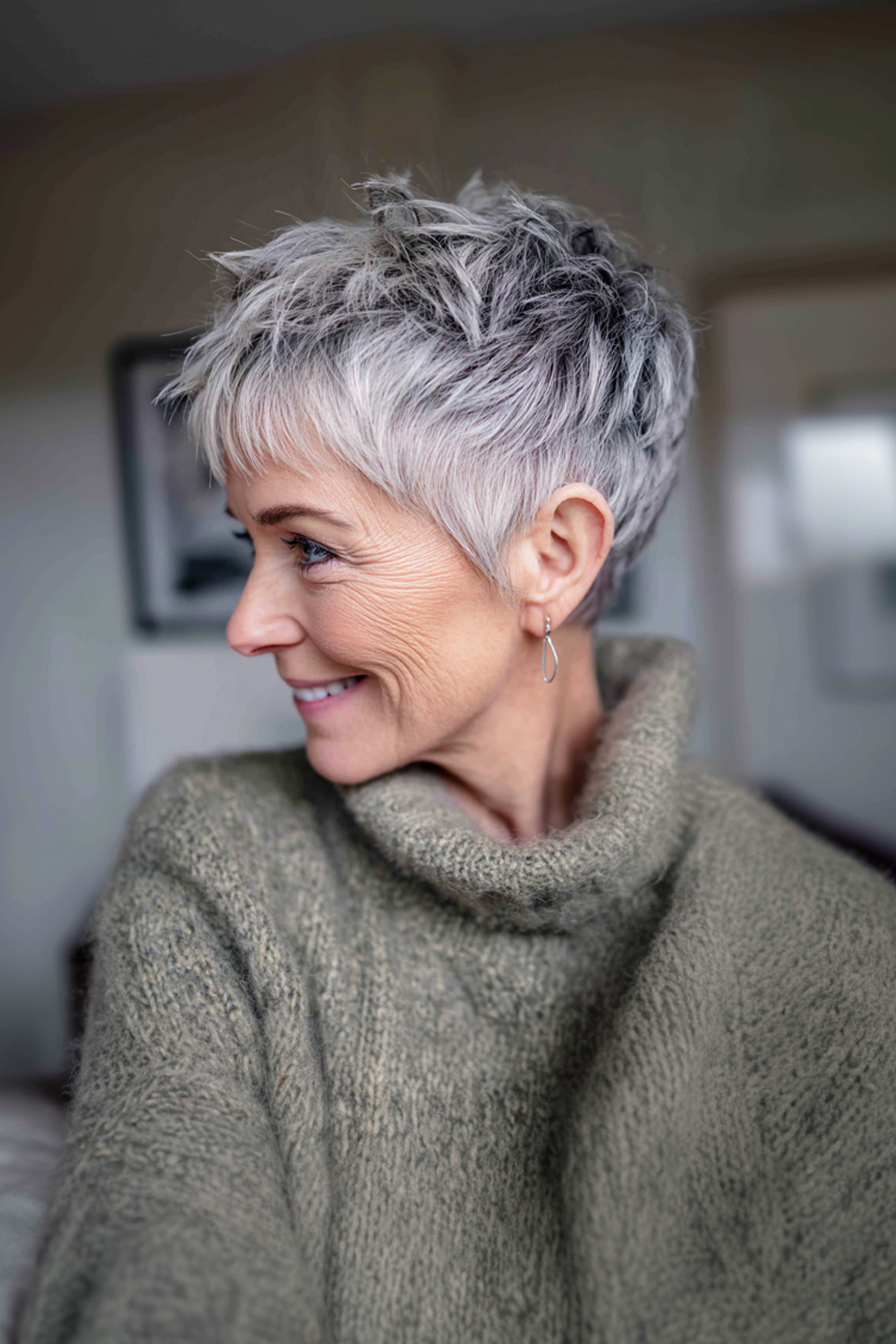 11. Smoky Silver Layered Pixie (Short Pixie Hairstyles For Older Women) - Short Pixie Hairstyles For Older Women