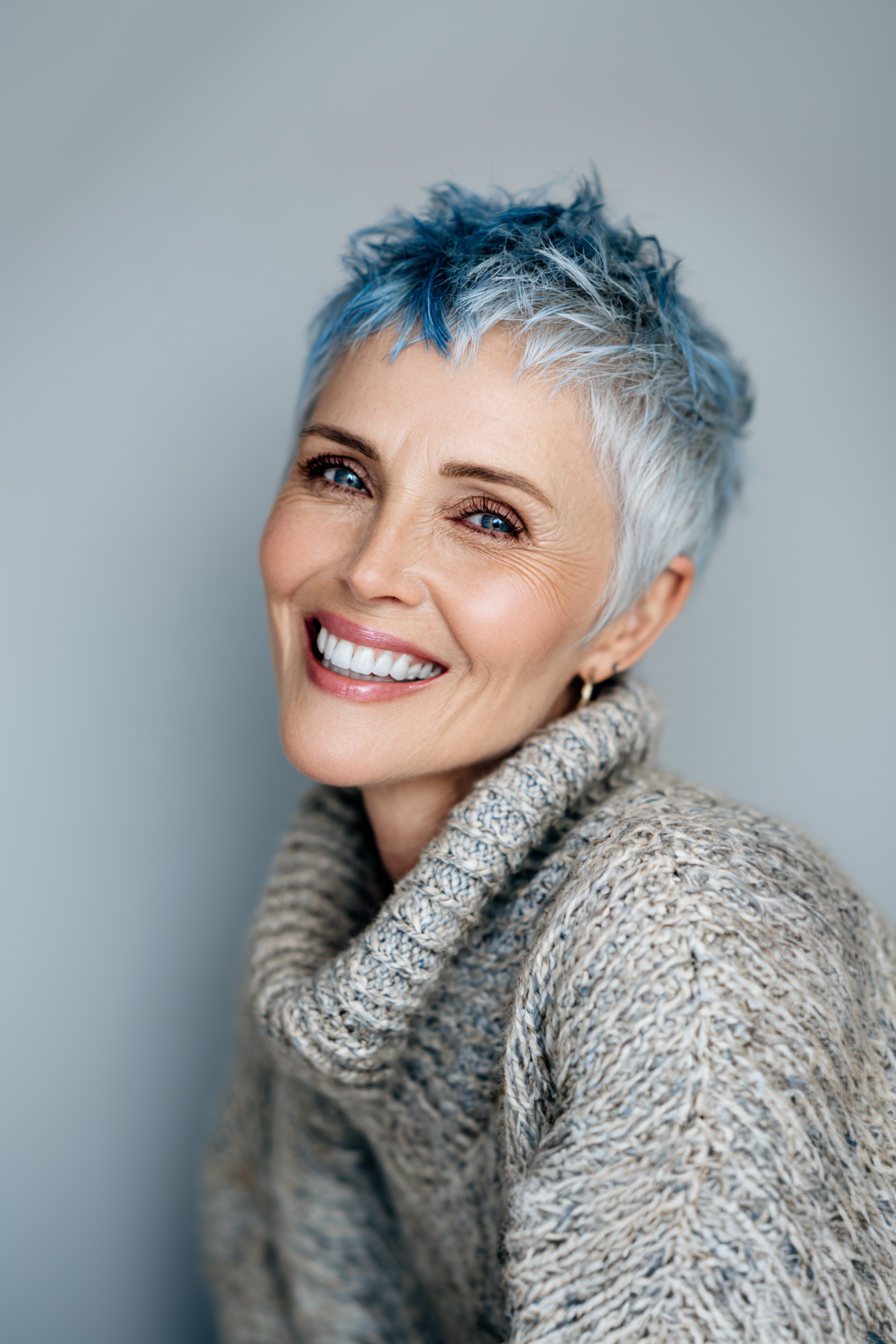 14. Short Pixie with Icy Blue Accent (Short Pixie Hairstyles For Older Women) - Short Pixie Hairstyles For Older Women