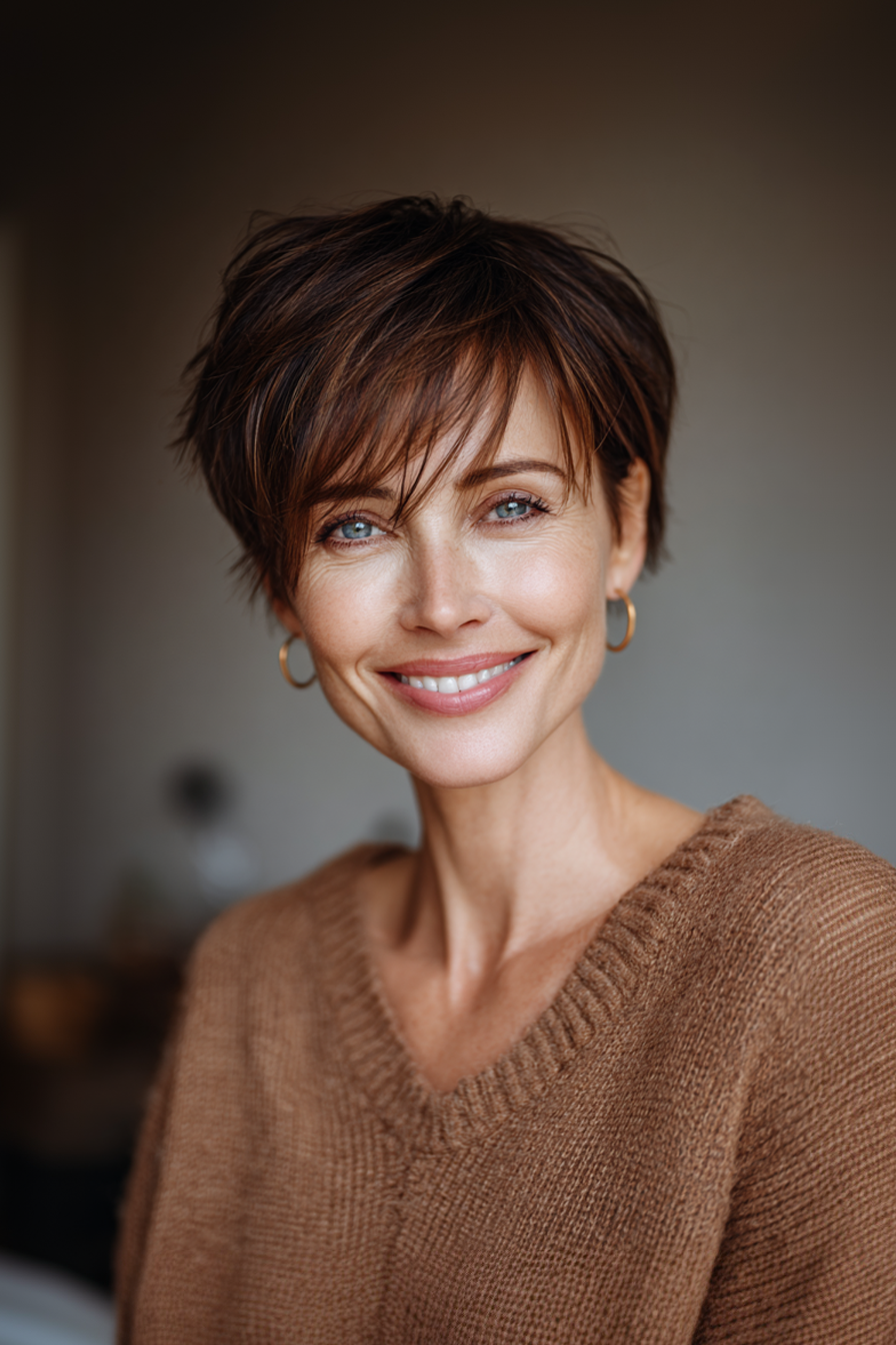 16. Chestnut Brown Soft Pixie (Short Pixie Hairstyles For Older Women) - Short Pixie Hairstyles For Older Women