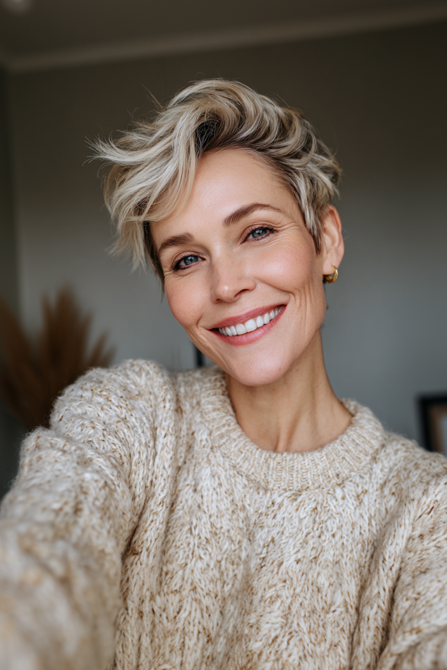 17. Balayage Blonde Layered Pixie (Short Pixie Hairstyles For Older Women) - Short Pixie Hairstyles For Older Women