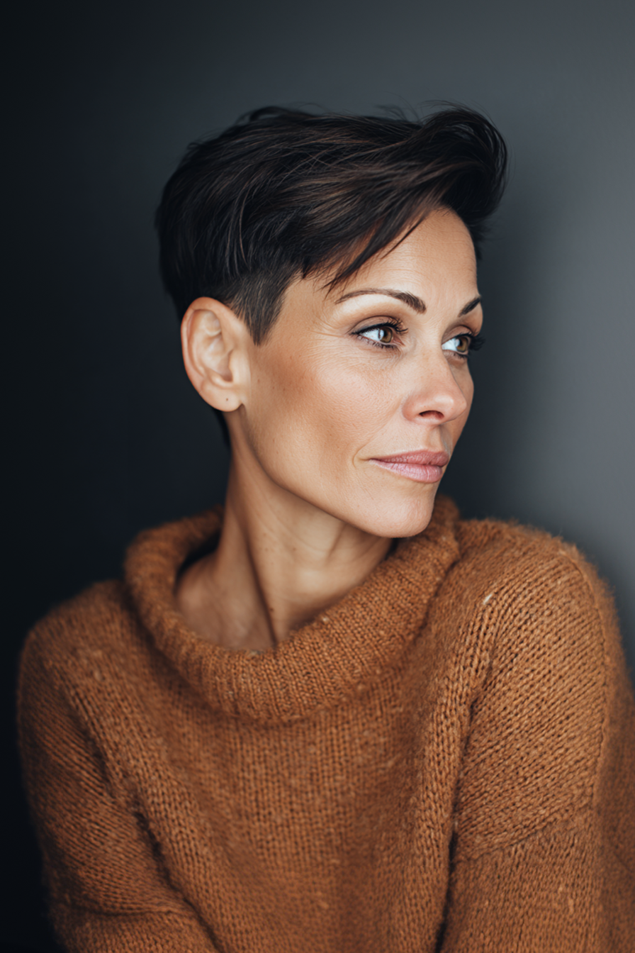 19. Espresso Brown Undercut Pixie (Short Pixie Hairstyles For Older Women) - Short Pixie Hairstyles For Older Women