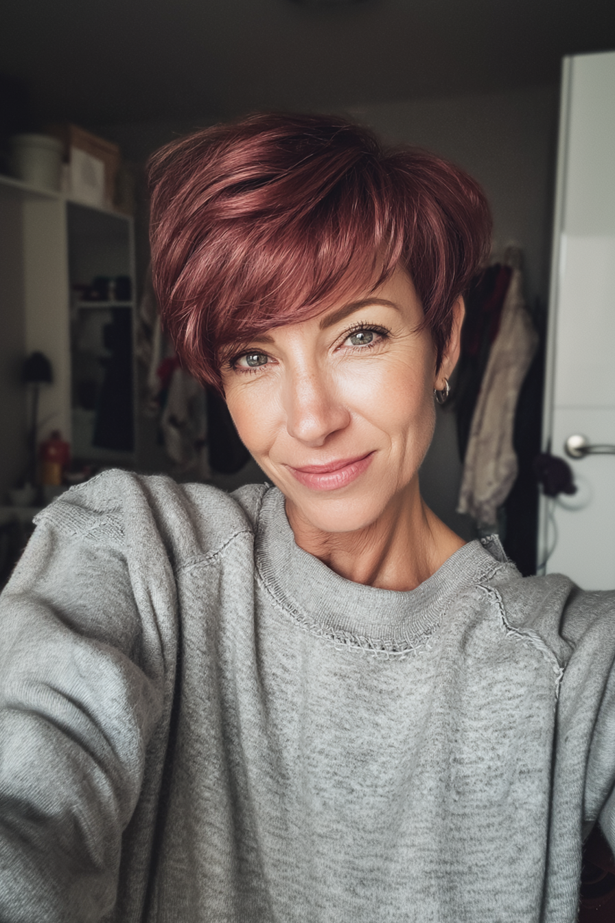 23. Burgundy Pixie with Side Bangs (Short Pixie Hairstyles For Older Women) - Short Pixie Hairstyles For Older Women