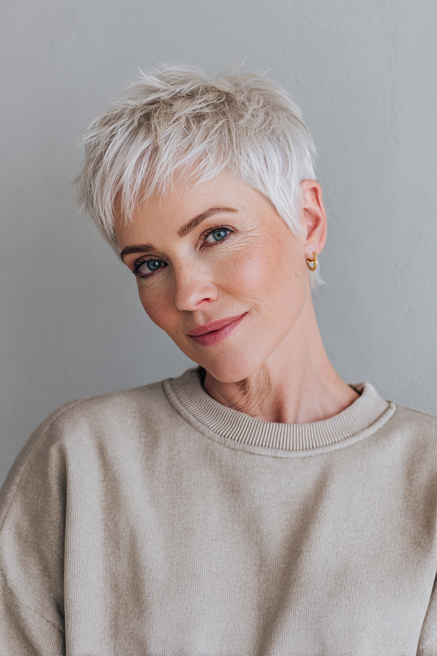 24. Layered White Blonde Pixie (Short Pixie Hairstyles For Older Women) - Short Pixie Hairstyles For Older Women