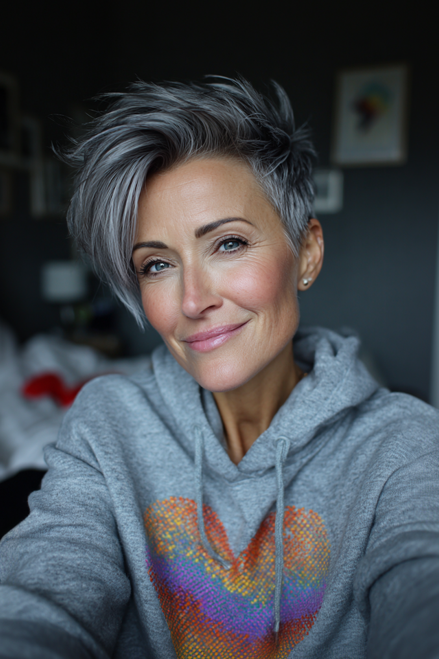 26. Steel Grey Asymmetrical Pixie (Short Pixie Hairstyles For Older Women) - Short Pixie Hairstyles For Older Women