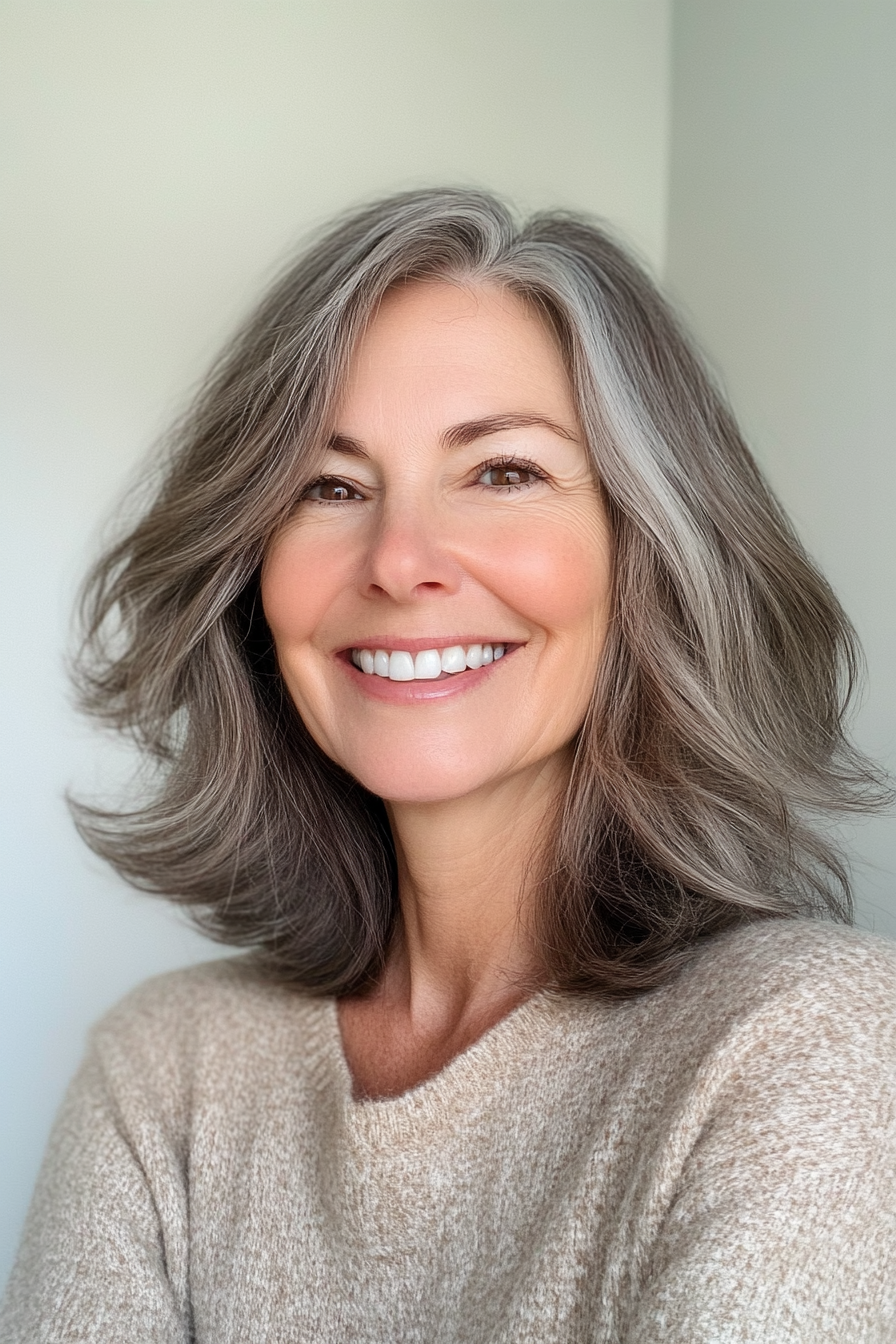 6. Curved Midi Cut with Ash Brown Tones (Medium Length Haircuts For Older Women With Thin Hair) - Medium Length Haircuts For Older Women With Thin Hair