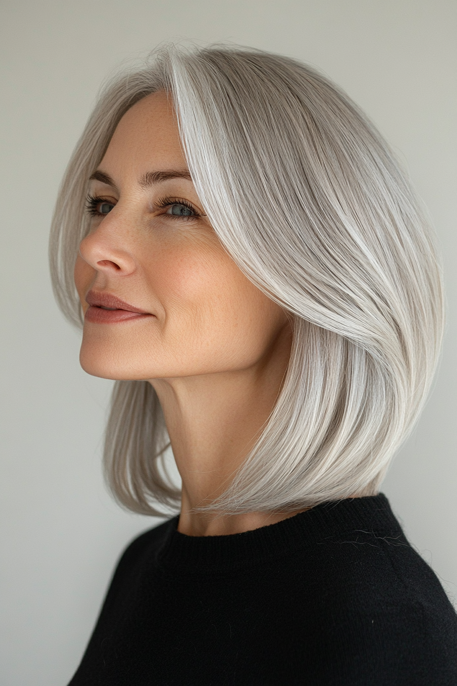 7. Tapered Lob with Silver Accents (Medium Length Haircuts For Older Women With Thin Hair) - Medium Length Haircuts For Older Women With Thin Hair