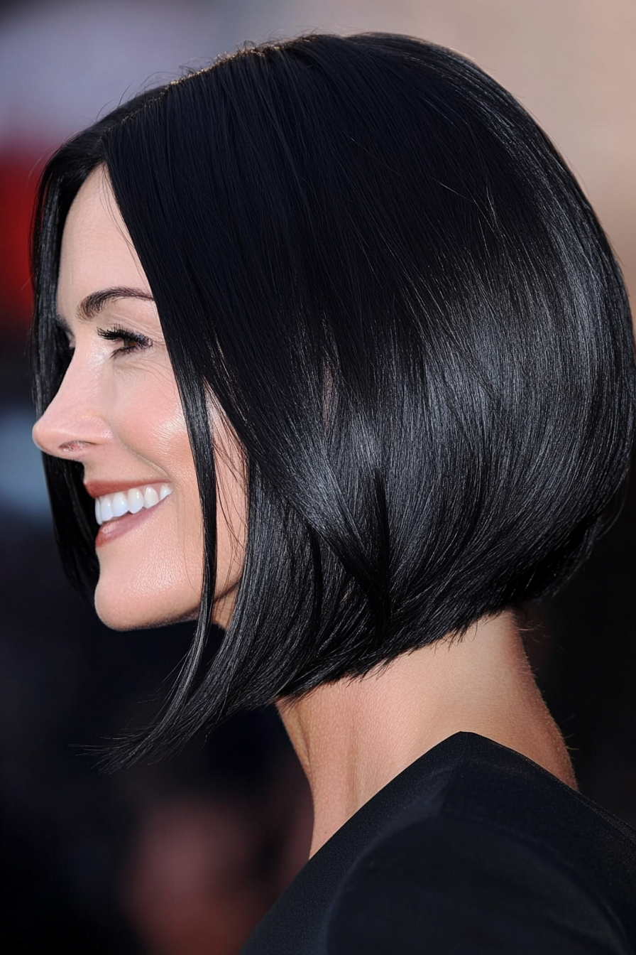 10. Sleek Angled Lob in Jet Black (Medium Length Haircuts For Older Women With Thin Hair) - Medium Length Haircuts For Older Women With Thin Hair