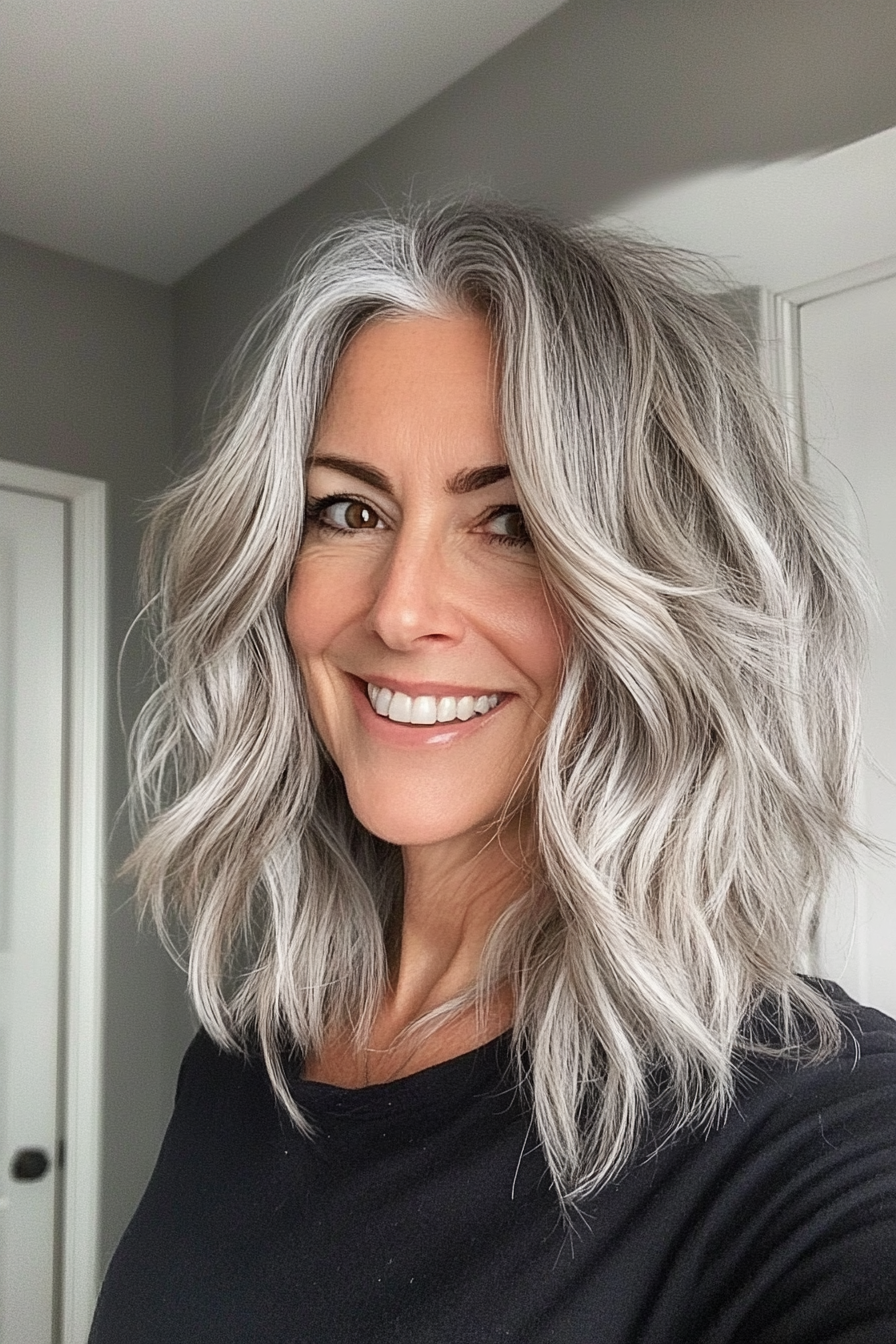 12. Wavy Midi Shag in Natural Gray (Medium Length Haircuts For Older Women With Thin Hair) - Medium Length Haircuts For Older Women With Thin Hair
