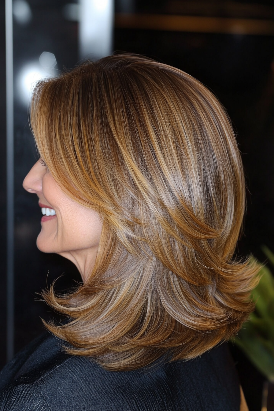 16. Rounded Layers in Caramel Brown (Medium Length Haircuts For Older Women With Thin Hair) - Medium Length Haircuts For Older Women With Thin Hair