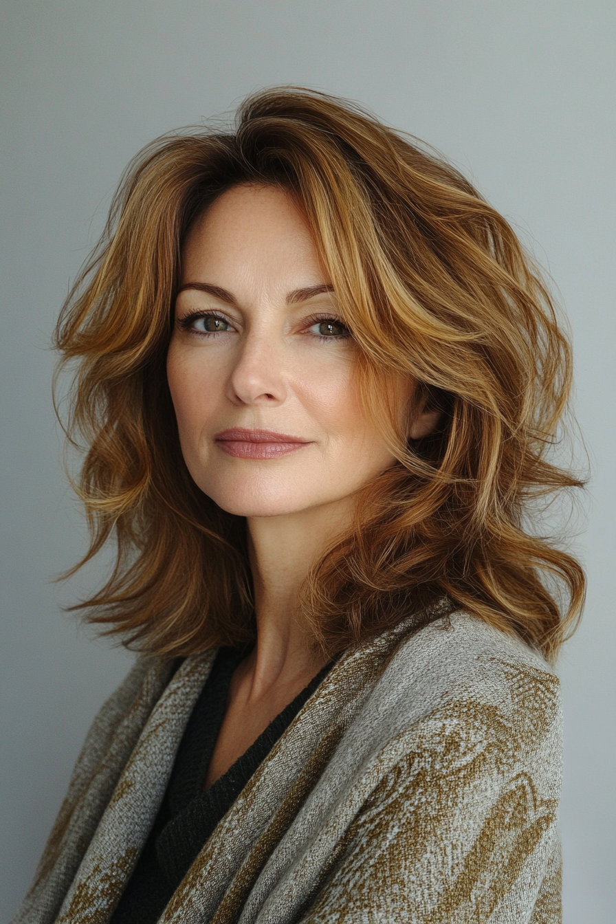 18. Subtle Layers with Dark Honey Hue (Medium Length Haircuts For Older Women With Thin Hair) - Medium Length Haircuts For Older Women With Thin Hair