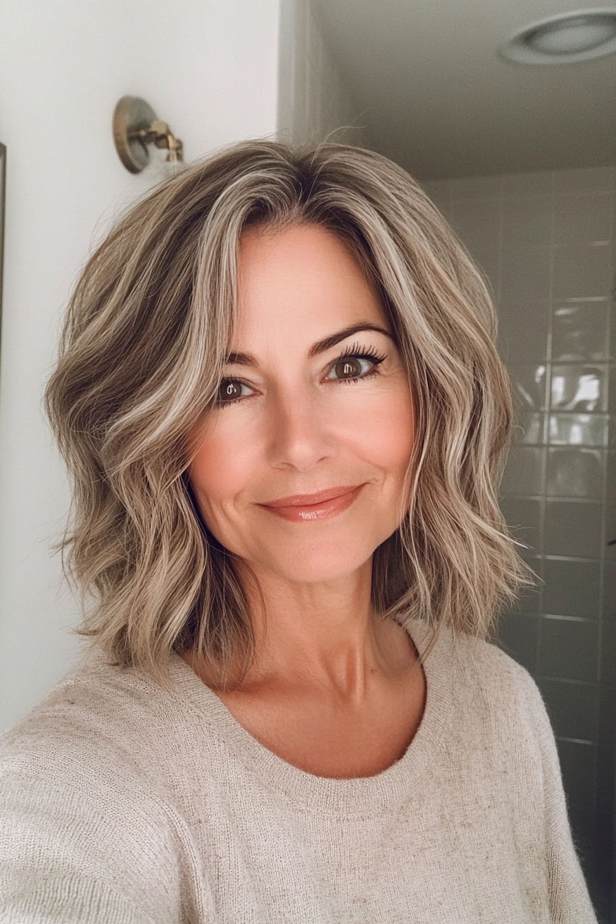 19. Airy Textured Lob in Pale Brown (Medium Length Haircuts For Older Women With Thin Hair) - Medium Length Haircuts For Older Women With Thin Hair