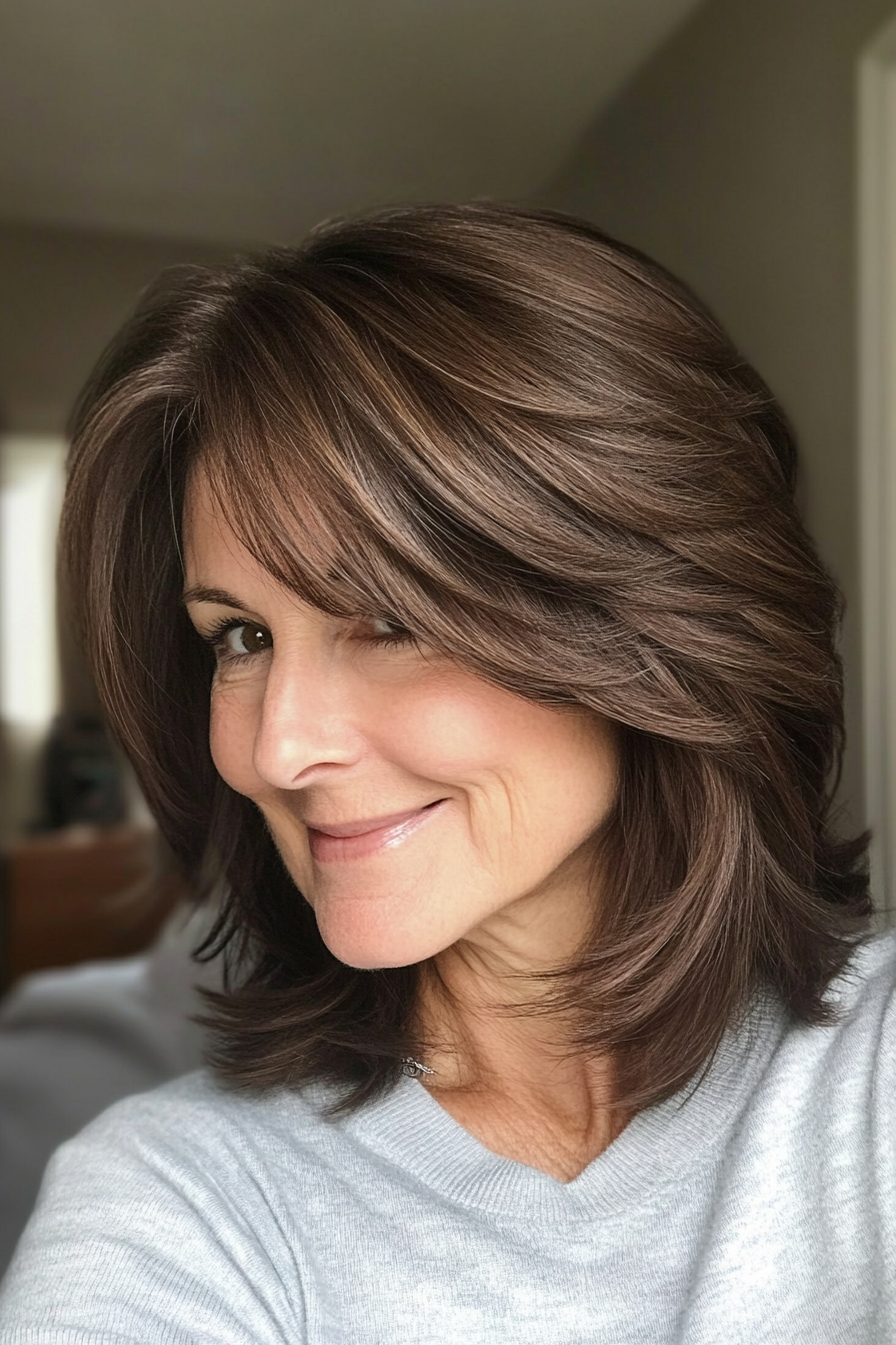 21. Side-Swept Midi Cut in Cocoa Brown (Medium Length Haircuts For Older Women With Thin Hair) - Medium Length Haircuts For Older Women With Thin Hair