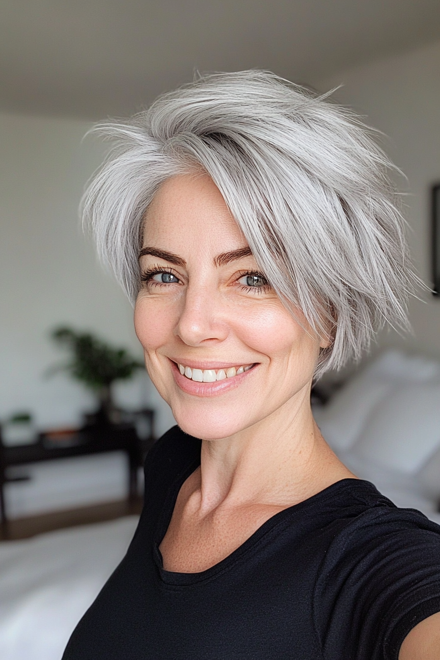 2. Icy Gray Feathered Pixie (Pixie Haircuts For Women Over 50 With Silver Hair) - Pixie Haircuts For Women Over 50 With Silver Hair