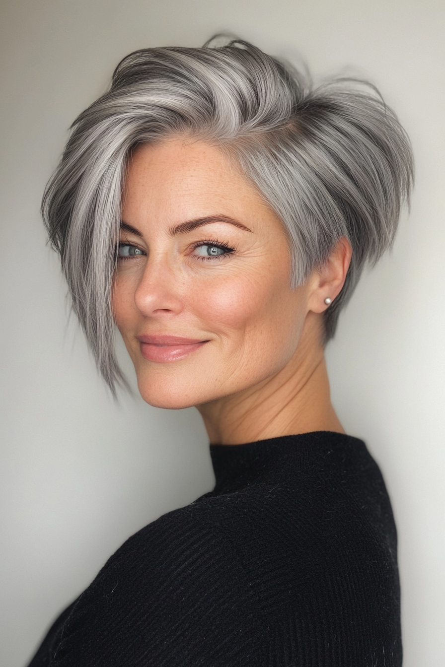 5. Pewter Toned Edgy Undercut Pixie (Pixie Haircuts For Women Over 50 With Silver Hair) - Pixie Haircuts For Women Over 50 With Silver Hair