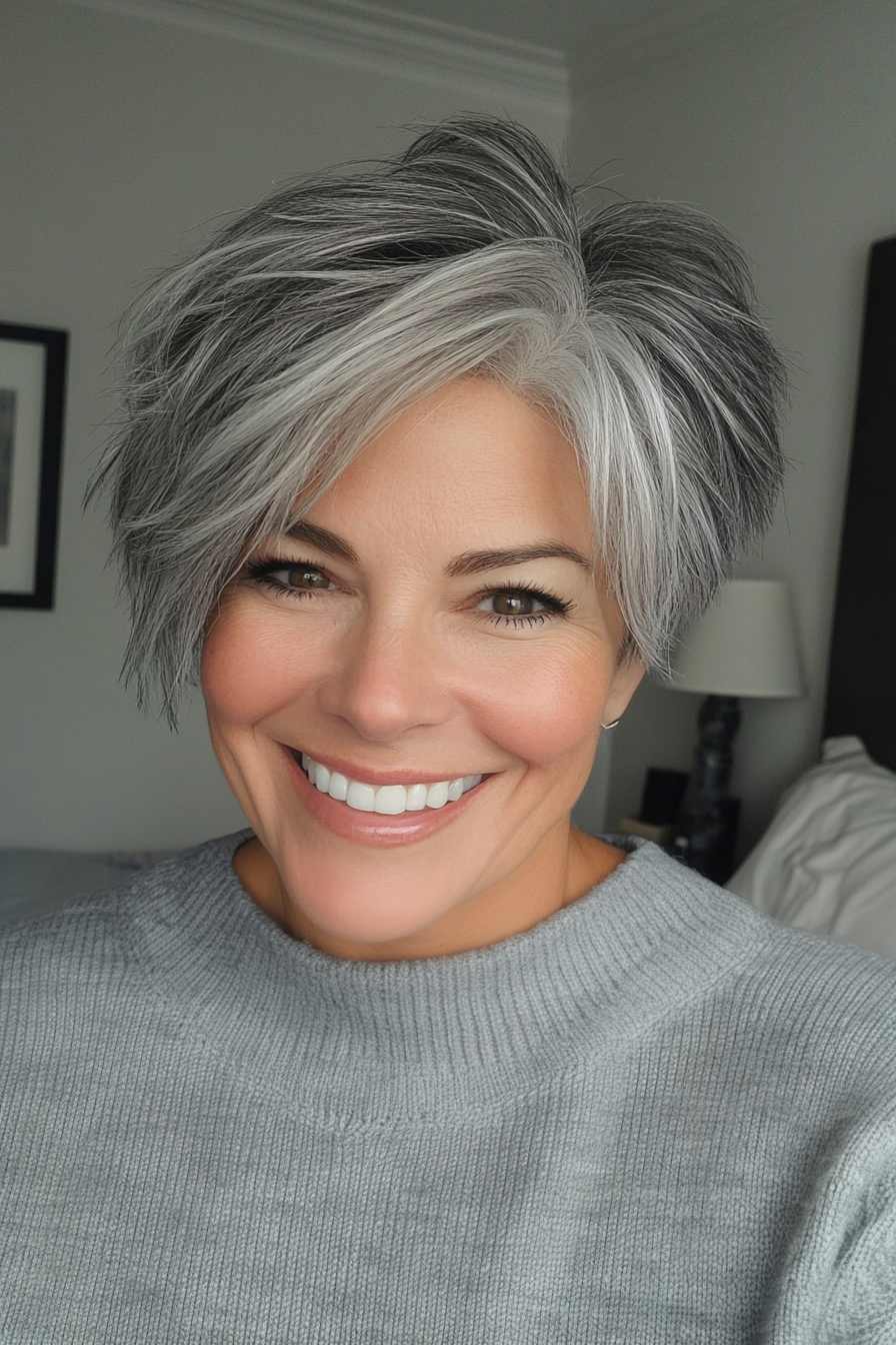 6. Salt and Pepper Layered Crop (Pixie Haircuts For Women Over 50 With Silver Hair) - Pixie Haircuts For Women Over 50 With Silver Hair